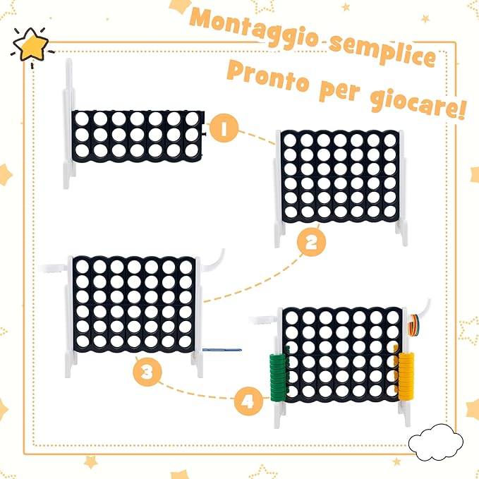 Forza 4 Gigante, Forza Quattro per Bambini con Canestro, Palla, 5 Anelli e 42 Piedine, Giochi Educativi da Esterno ed Interno per Vacanze e Feste, Ideale per Bambini +3 Anni