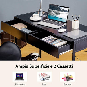Scrivania per Computer con 2 Cassetti, Scrivania Porta PC con Telaio in Metallo e Legno, Posizione da Lavoro per Studio e Ufficio, Portata 100 kg, 112 x 48 x 76 cm (Nero)