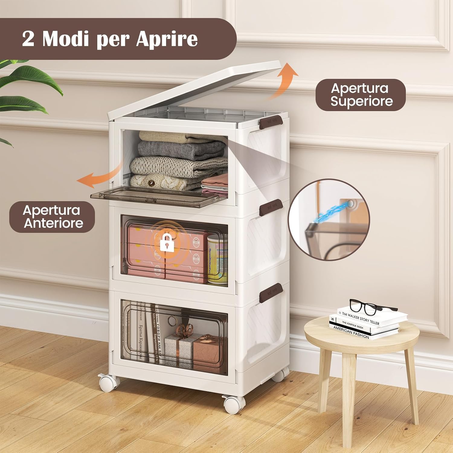Set da 3 Contenitori Impilabili, Scatole Pieghevoli da 75/105 L con Ruote Bloccabili Porta e Coperchio, Organizzatori per Armadio, Multiuso per Casa Dormitorio (41 x 31,5 x 72,5 cm)