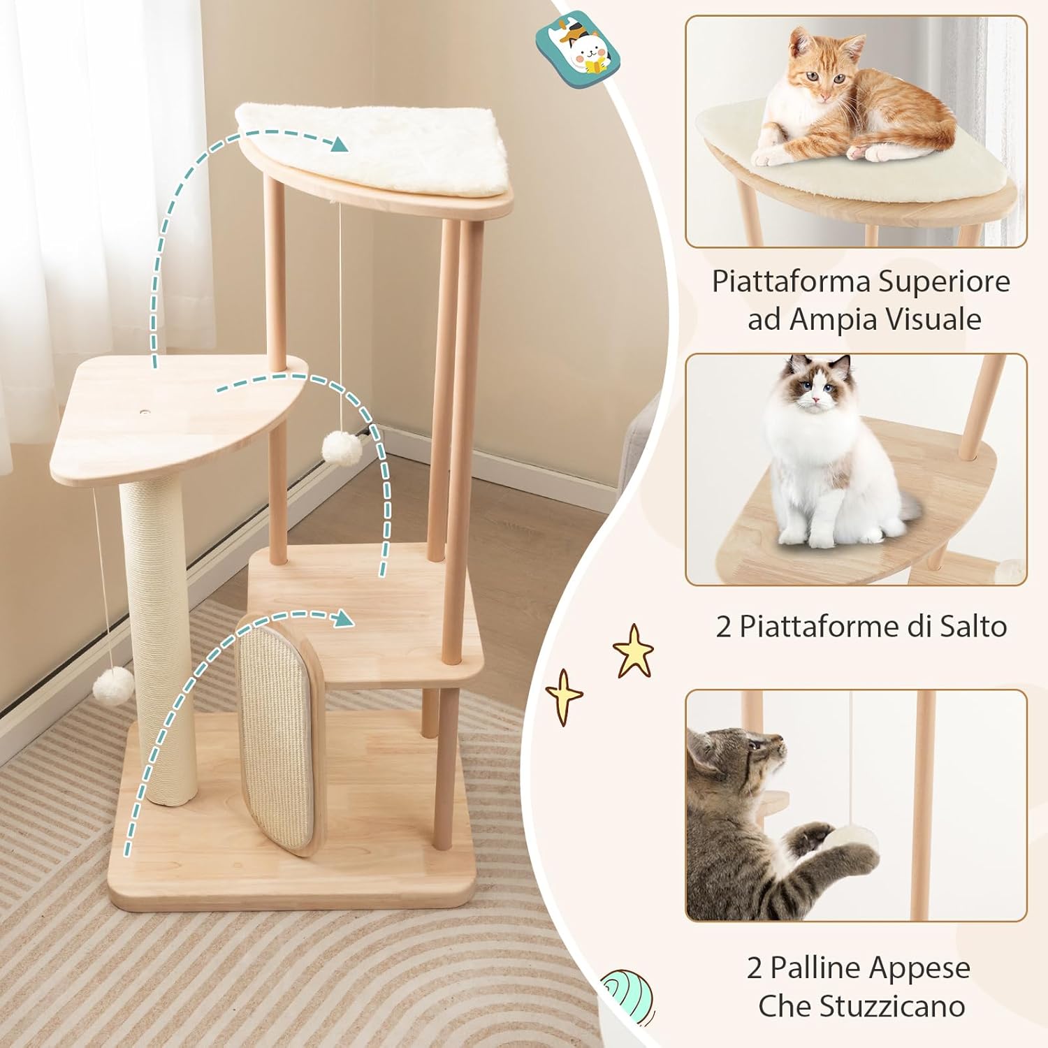 Tiragraffi per Gatti Piccola/Media, Albero per Gatti in Legno a Multilivello con Tavola e Palo Tiragraffi in Sisal, Posto Imbottito, Piattaforma e Palline
