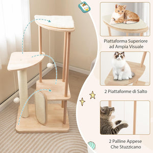 Tiragraffi per Gatti Piccola/Media, Albero per Gatti in Legno a Multilivello con Tavola e Palo Tiragraffi in Sisal, Posto Imbottito, Piattaforma e Palline