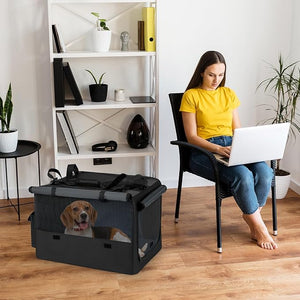 Trasportino Pieghevole per Cani e Gatti, Borsa da Trasporto per Animali con 2 Aperture, Finestra, Cesto Interno in Rete, Tasche Laterali e Porta Bicchiere, Gabbia Morbida e Portatile (S)