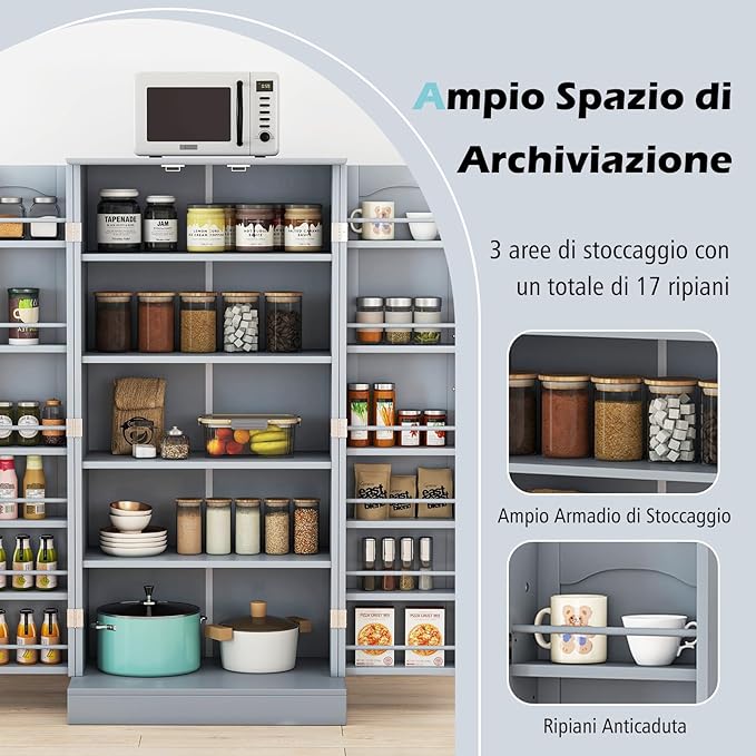 Credenza da Cucina, Mobile da Cucina Moderno con 6 Ripiani Regolabili, per Cucina, Sala da Pranzo e Soggiorno, 60 x 40 x 120 cm (Grigio)