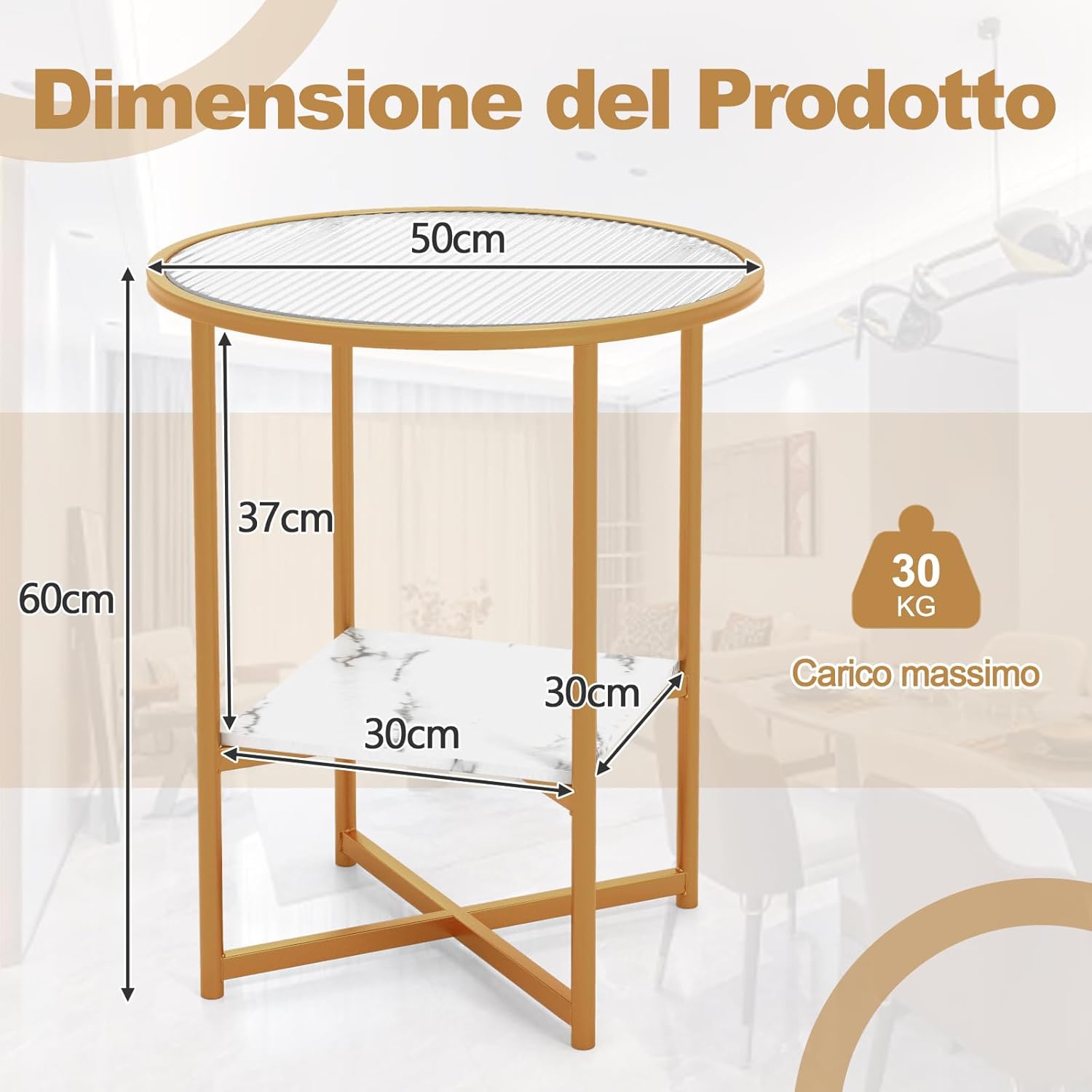 Tavolini da Salotto in Vetro, Tavolino Rotondo a 2 Piani da 50 cm con Ripiano Effetto Marmo, Tavolino da Caffè con Cornice in Metallo Dorato, per Soggiorno, Camera da Letto
