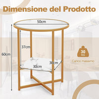 Tavolini da Salotto in Vetro, Tavolino Rotondo a 2 Piani da 50 cm con Ripiano Effetto Marmo, Tavolino da Caffè con Cornice in Metallo Dorato, per Soggiorno, Camera da Letto