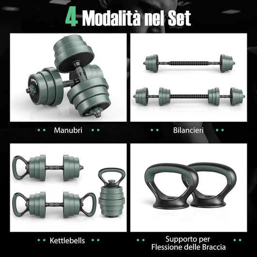 Set di Manubri Regolabili, Set di Pesi Liberi con Connettore, Attrezzi da Palestra Domestica 4 in 1 Include Bilanciere, Manubri, Kettlebell & Supporto per Flessioni per Donne e Uomini