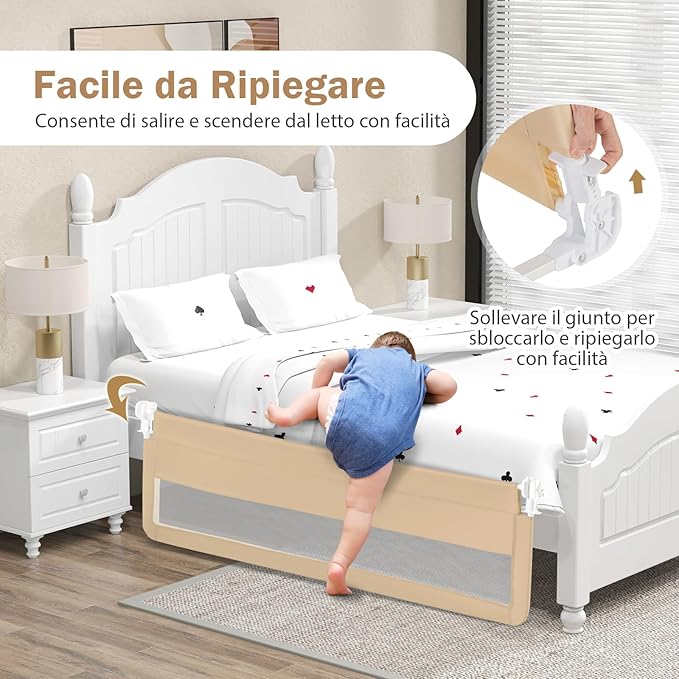 Barriera Letto per Bambini di 180 cm, Sponda di Sicurezza Pieghevole con Copertura Rimovibile, Rete Traspirante, Sbarra da Letto per Letti Singoli e Matrimoniali, 180 x 41 x 55 cm (Beige)