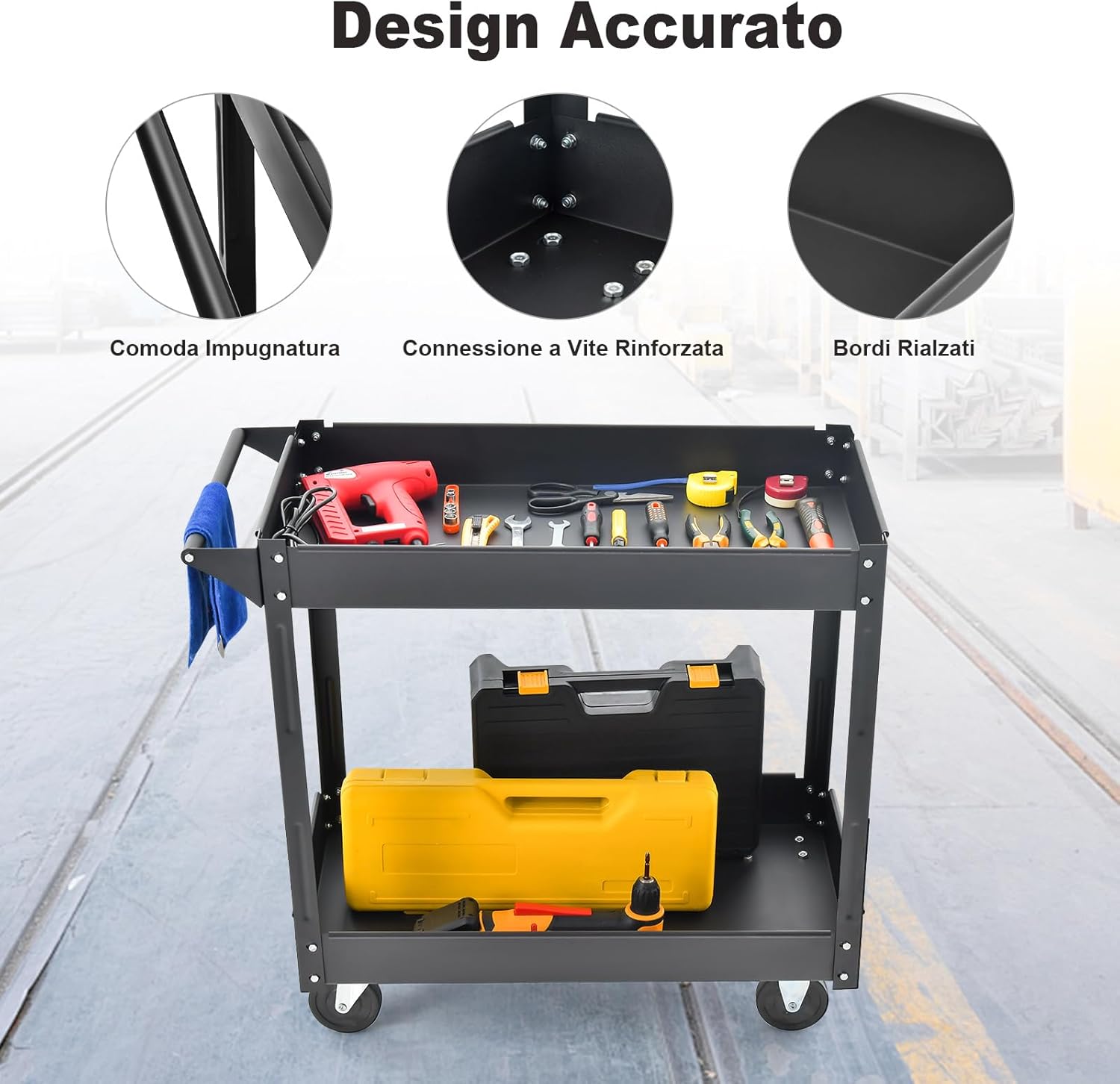 Carrello Multiuso a 2 Livelli, Carrello Multiuso con Maniglia e Melaio in Metallo, Capacità di carico di 50 kg (Nero)