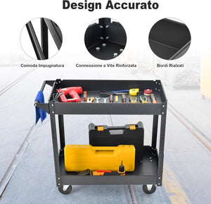 Carrello Multiuso a 2 Livelli, Carrello Multiuso con Maniglia e Melaio in Metallo, Capacità di carico di 50 kg (Nero)