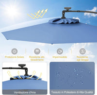Ombrellone da Giardino ∅300 cm con 32 Luci LED, Ombrellone Prendisole con Rotazione di 360°, Inclinazione Regolabile, 8 Stecche, Manovella, per Giardino Piscina Cortile (Blu)