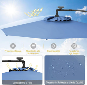 Ombrellone da Giardino ∅300 cm con 32 Luci LED, Ombrellone Prendisole con Rotazione di 360°, Inclinazione Regolabile, 8 Stecche, Manovella, per Giardino Piscina Cortile (Blu)