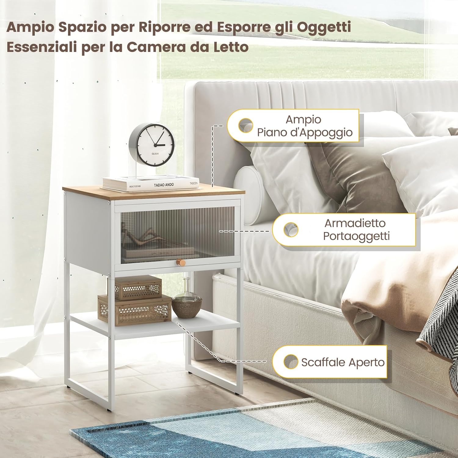 Tavolino con Anta a Ribalta, Tavolino da Divano o Letto a 3 Livelli con Ripiano di Archiviazione, Comodino Moderno per Soggiorno e Camera da Letto, 40 x 32 x 56 cm (Bianco)