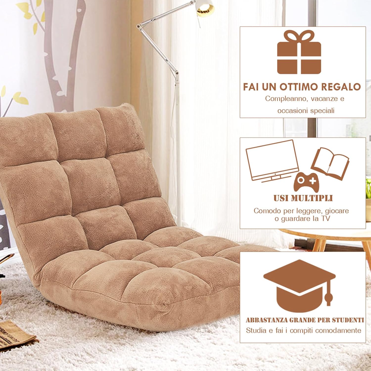 Sedia da Pavimento, Sedia Imbottita Regolabile in 14 Posizioni, Poltrona Salotto per Relax, Yoga, Lettura (Beige)