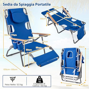 Sedia da Spiaggia Pieghevole 3 in 1, con Foro per il Viso, Poggiapiedi, Schienale Regolabile, Cuscino, Poltrona Prendisole per Spiaggia, Campeggio, Bordo, Piscina, Portata 150 kg (Blu)