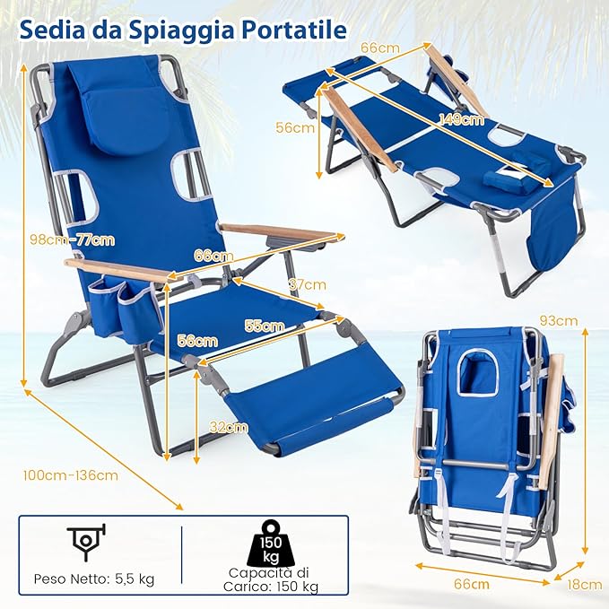Sedia da Spiaggia Pieghevole 3 in 1, con Foro per il Viso, Poggiapiedi, Schienale Regolabile, Cuscino, Poltrona Prendisole per Spiaggia, Campeggio, Bordo, Piscina, Portata 150 kg (Blu)