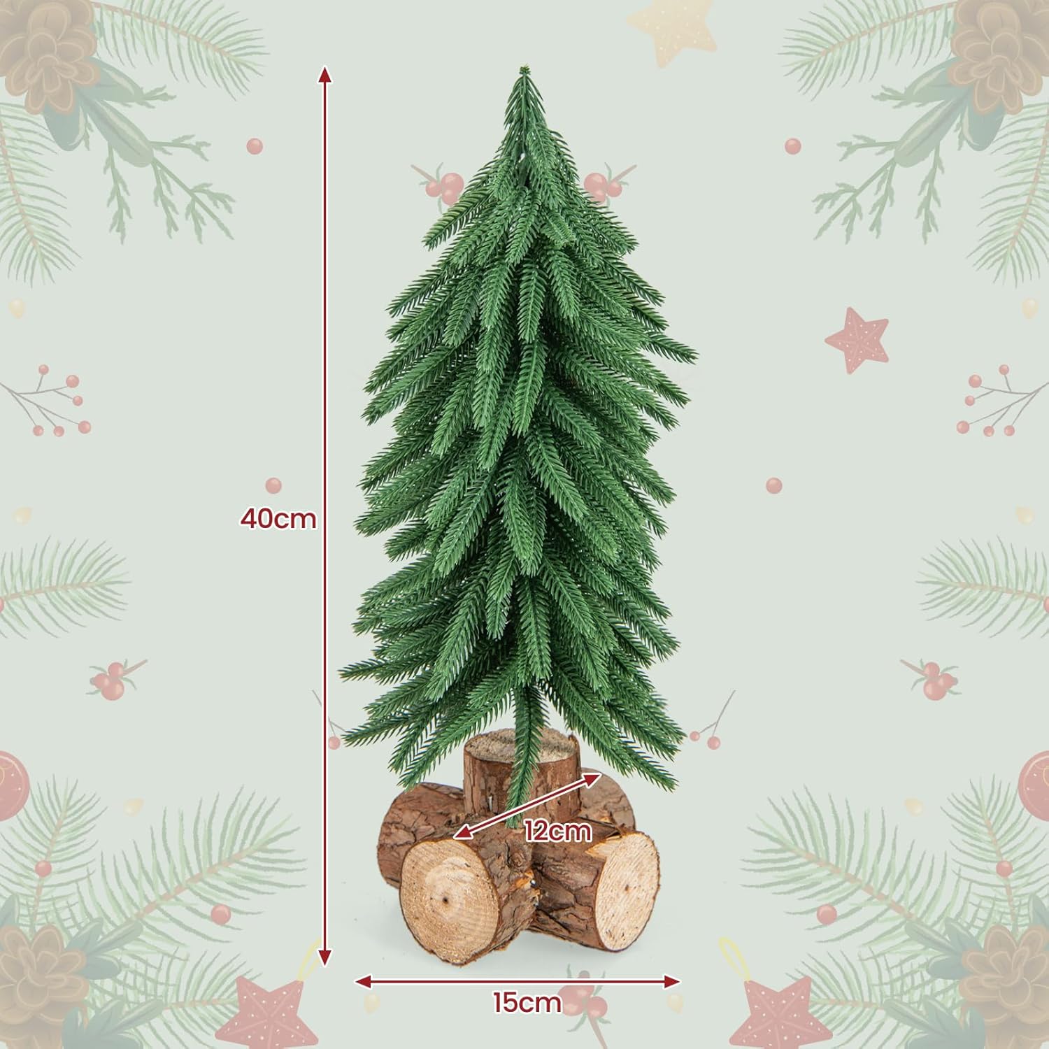 Albero di Natale da Tavolo da 40 cm, Mini Albero di Natale Artificiale con 200 Punte e Base in Legno Massello, Mini Albero di Natale da Tavolo per Casa, Ufficio e Negozio