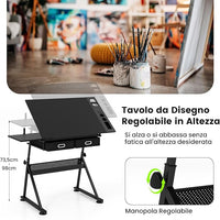 Tavolo da Disegno Scrivania per Arte con Cassetti e Sgabello, Regolabile in Altezza ed inclinabile (nero)