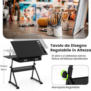 Tavolo da Disegno Scrivania per Arte con Cassetti e Sgabello, Regolabile in Altezza ed inclinabile (nero)