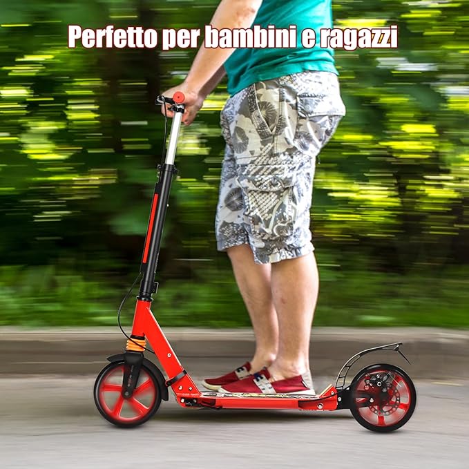 Monopattino Bambini e Adulti, Monopattino a Spinta Pieghevole e Regolabile in 3 Altezze, Monopattino Portatile con 2 Ruote, Cavalletto, Freno e Pedale Antiscivolo, Portata 100 kg