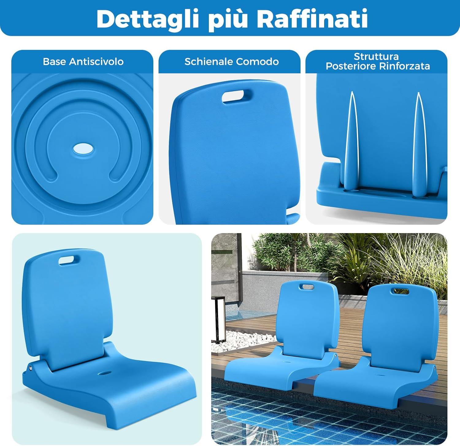 Sedia da Piscina Esterno, Sedia Pieghevole con Maniglia e Supporto, Foro di Drenaggio, Struttura in PE, Design Leggero per Spiagga, Campeggio, Pesca, Portata 100 kg (Blu)
