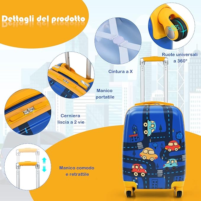 Set di Valigia per Bambini, 18" Valigia+ 12" Zaino, 2 Pezzi, con Ruote Girevoli a 360° e Maniglia Retrattile, Ideale per Viaggiare in Modo Comodo e Divertente (Modello 19)