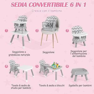 Seggiolone Pappa per Bambini 6 in 1, Seggiolone per Neonati Convertibile, Tavolo per Costruzioni per Bambini, con Imbracatura a 5 Punti, per Bambini da 6 Mesi fino 3 Anni (Gessato)