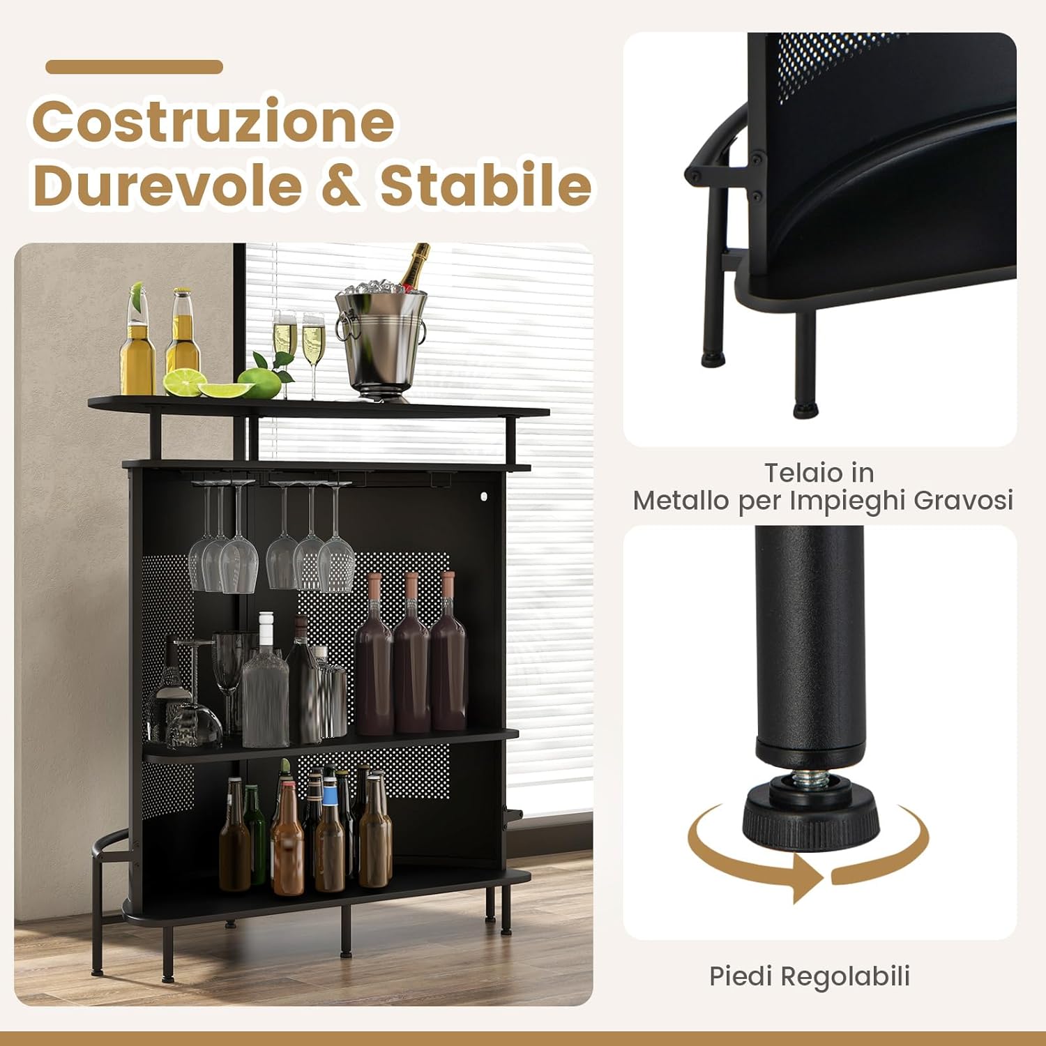 COSTWAY Tavolo Bar Semicircolare 110,5 x 48 x 112,5cm, Bancone Bar a 4 Ripiani con Scaffali di Stoccaggio e 3 Supporti per Calici, Piano Curvo, Fronte in Metallo Perforato e Poggiapiedi, Nero