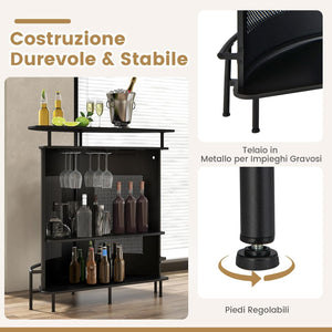 COSTWAY Tavolo Bar Semicircolare 110,5 x 48 x 112,5cm, Bancone Bar a 4 Ripiani con Scaffali di Stoccaggio e 3 Supporti per Calici, Piano Curvo, Fronte in Metallo Perforato e Poggiapiedi, Nero