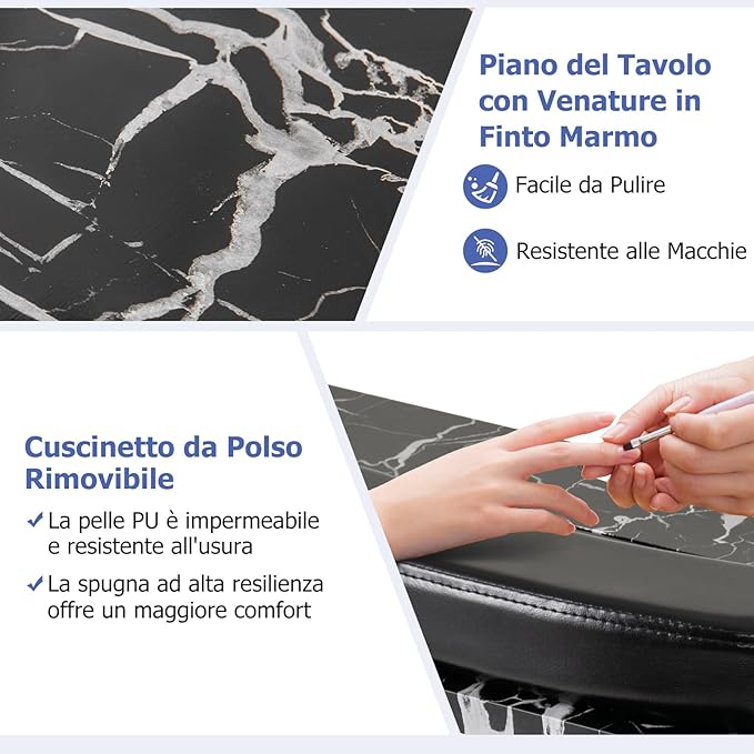 Tavolo per Manicure Pieghevole con Aspiratore Elettrico, Tavolo per Unghie Portatile con Luce LED, Cuscino Poggia Polso Clienti, Borsa e 4 Ruote Bloccabili (Nero)