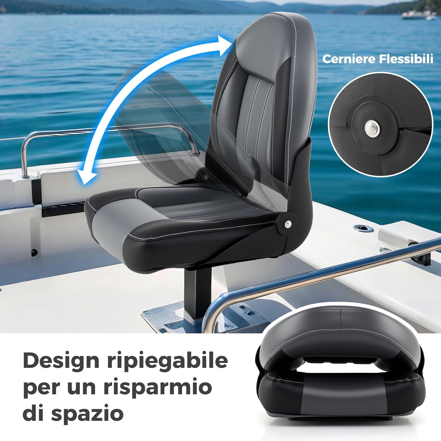 Set di 2 Sedie da Barca, Sedili Alti da Barca Pieghevole Morbide Imbottite Spesse, Sedile Nautica Ergonomico per Imbarcazioni da Pesca, 46 x 52 x 58 cm, Nero e Grigio