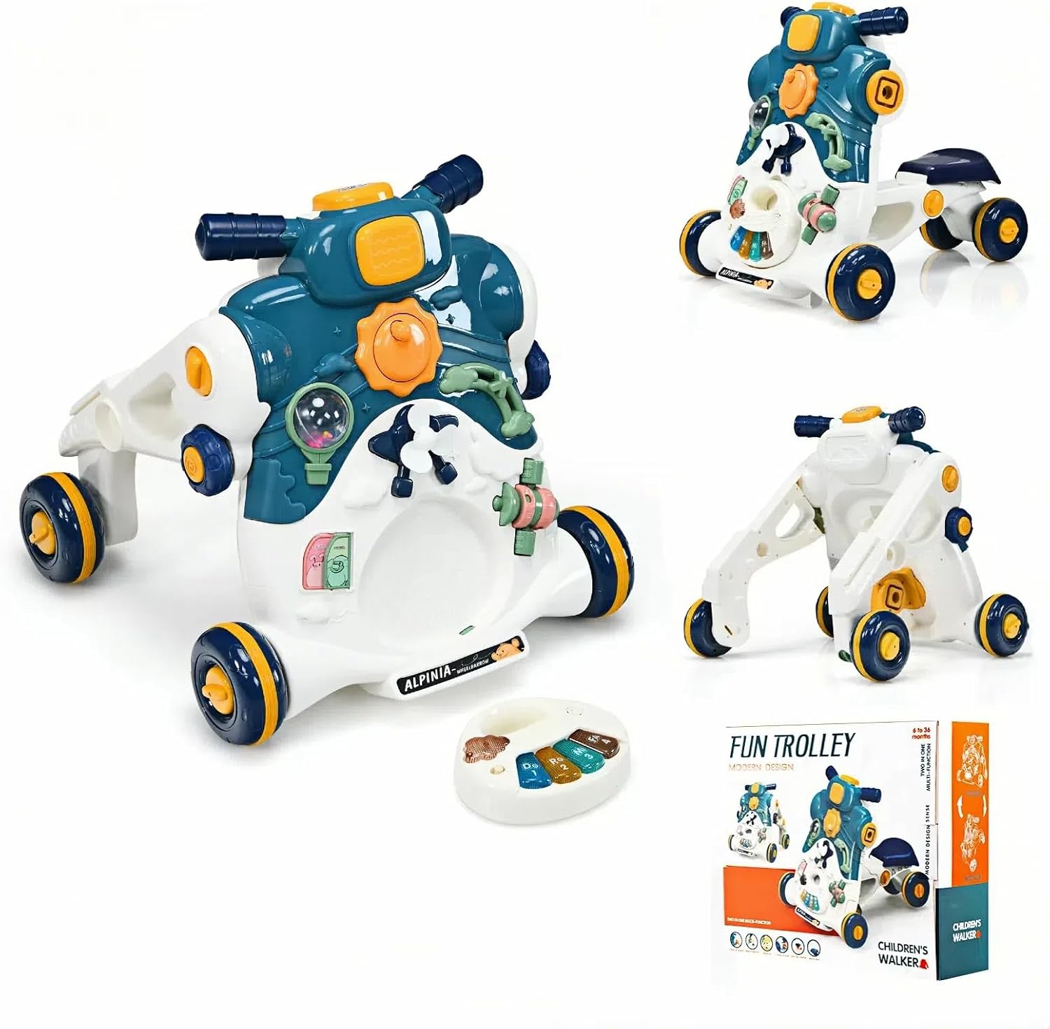 3 in 1 Primi Passi Cavalcabile Spingibile, Giocattolo Educativo con Musica e Luci, con 4 Ruote Antiscivolo, Ideale per Bambini 6-36 Mesi (Blu)