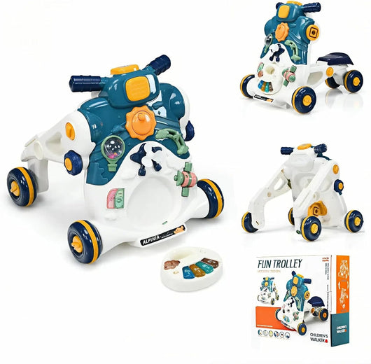 3 in 1 Primi Passi Cavalcabile Spingibile, Giocattolo Educativo con Musica e Luci, con 4 Ruote Antiscivolo, Ideale per Bambini 6-36 Mesi (Blu)