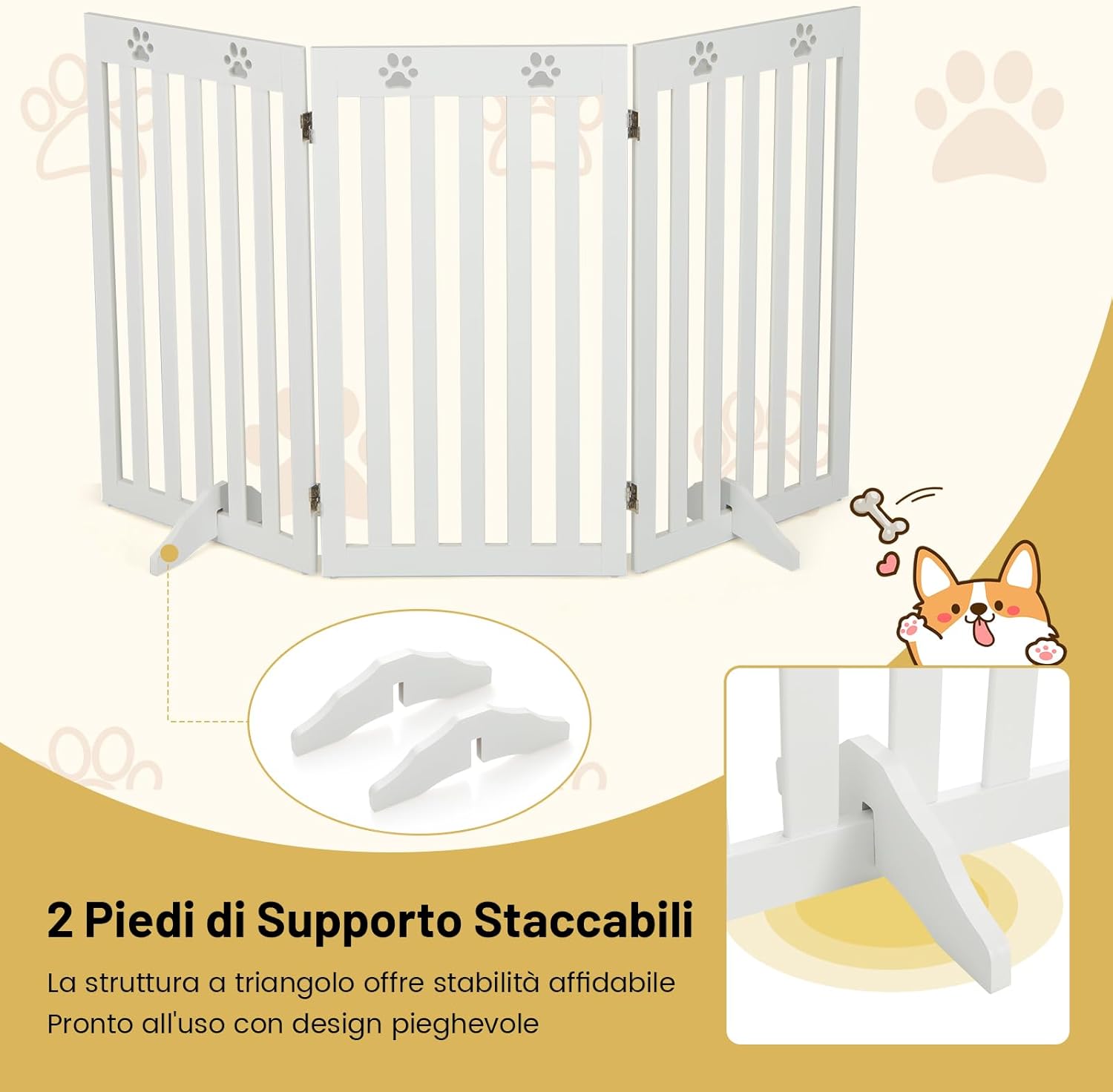 Cancelletto per Cani di Legno Pieghevole, con 3/4 Pannelli e Cuscinetti Antiscivolo, Ideale per Scale e Porta d'Ingresso,151,5 x 89,5 cm (Bianco, 3 Pannelli)