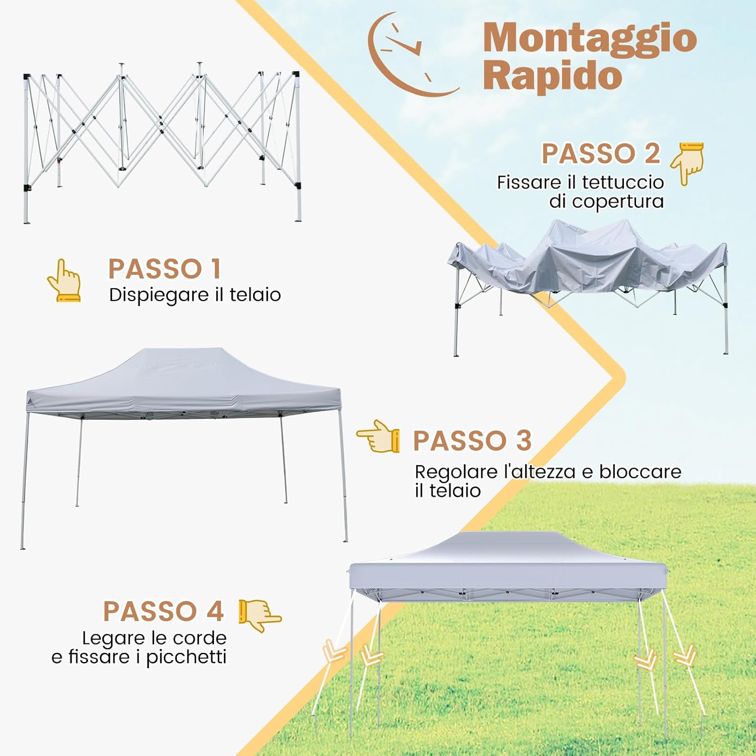 Gazebo Pop-up Pieghevole 3 x 4,5 m, Gazebo da Giardino Impermeabile Altezza Regolabile con Fori di Drenaggio, Tenda da Giardino Antivento con Borsa di Trasporto a Ruote (Bianco)