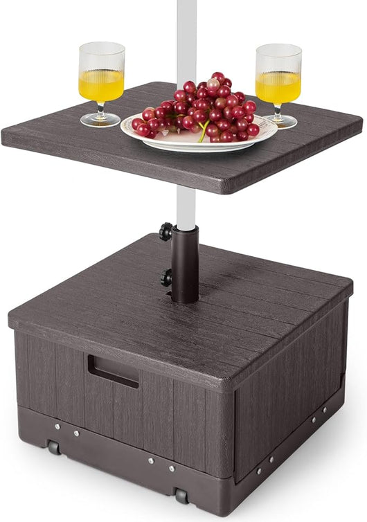 Base per Ombrellone, con Tavolino e Sacca Ponderata, Supporto per Ombrellone 45L di Acqua, 67 kg di Sabbia, Base Ombrellone 3 in 1 con Vassoio, per Ombrellone 38 mm/48 mm (Marrone)