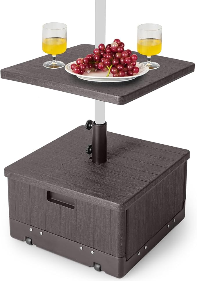 Base per Ombrellone, con Tavolino e Sacca Ponderata, Supporto per Ombrellone 45L di Acqua, 67 kg di Sabbia, Base Ombrellone 3 in 1 con Vassoio, per Ombrellone 38 mm/48 mm (Marrone)