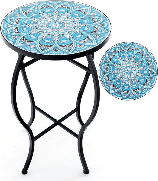 Tavolino per Esterno ed Interno, Tavolino Rotondo con Piano in Piastrelle di Ceramica e Gambe di Metallo, Tavolino Porta Piante da Balcone, Giardino e Salotto