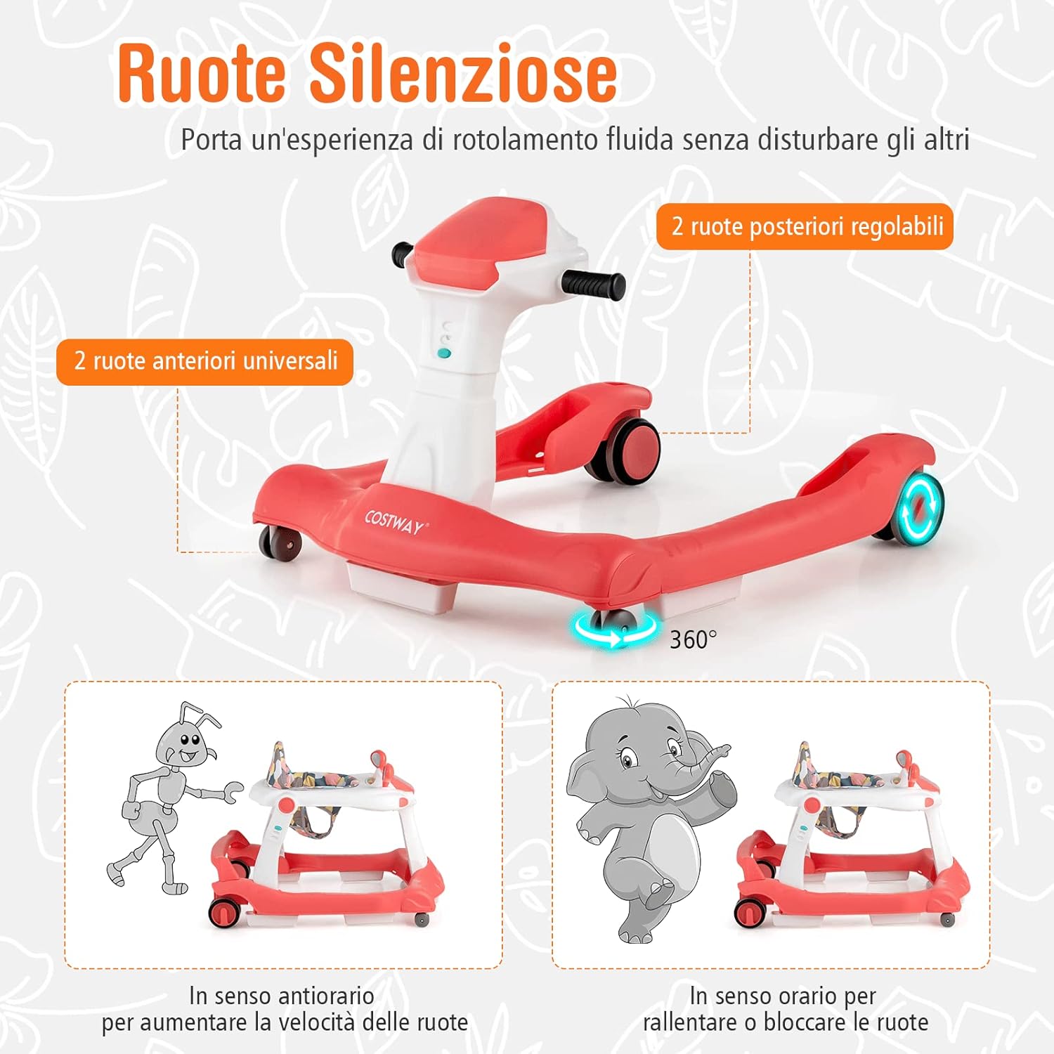 Girello per bambini 2 in 1, Girello con Altezza e Velocità Regolabili, Carillon con Luci e Cuscino Comodo, Primi Passi per Bambini 6-18 Mesi, Capacità di carico: 15 kg (Arancia)