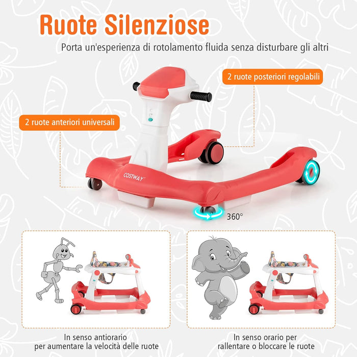 Girello per bambini 2 in 1, Girello con Altezza e Velocità Regolabili, Carillon con Luci e Cuscino Comodo, Primi Passi per Bambini 6-18 Mesi, Capacità di carico: 15 kg (Arancia)