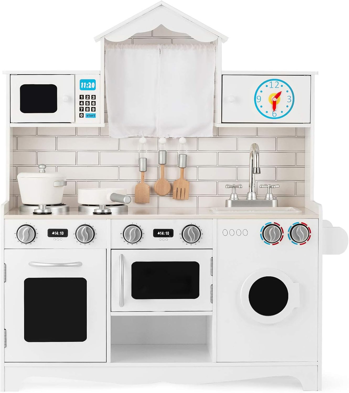 Cucina Giocattolo per Bambini, Cucina Legno per Bambini con Lavatrice, Piano, Cottura Forno e Microonde, 3 Anni+, Bianco