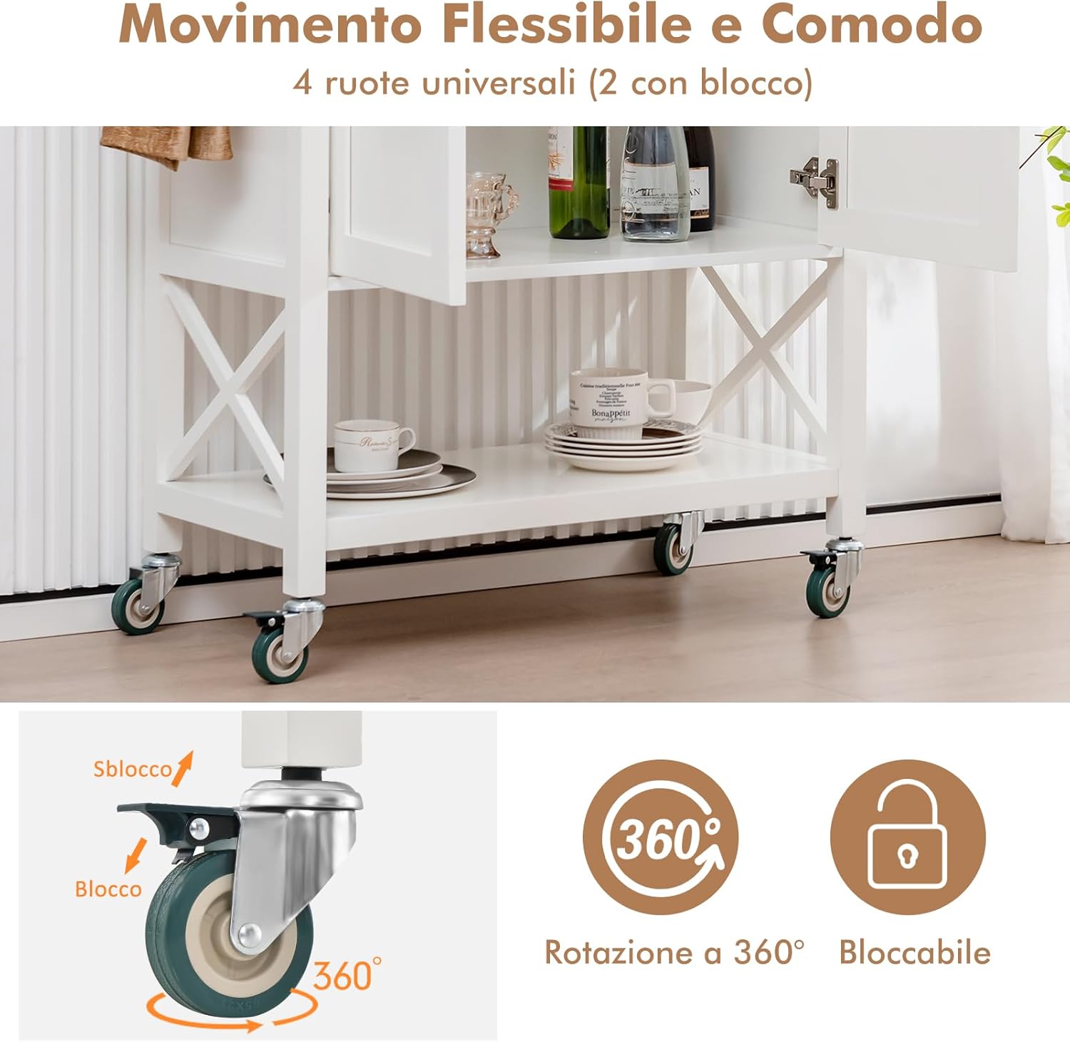 Carrello da Cucina con Armadietto Portaoggetti, Isola da Cucina Carrello Rotante con Porta Asciugamani e Porta Spezie, Piano in Legno, Tavolo Mobile per Cucina Bar
