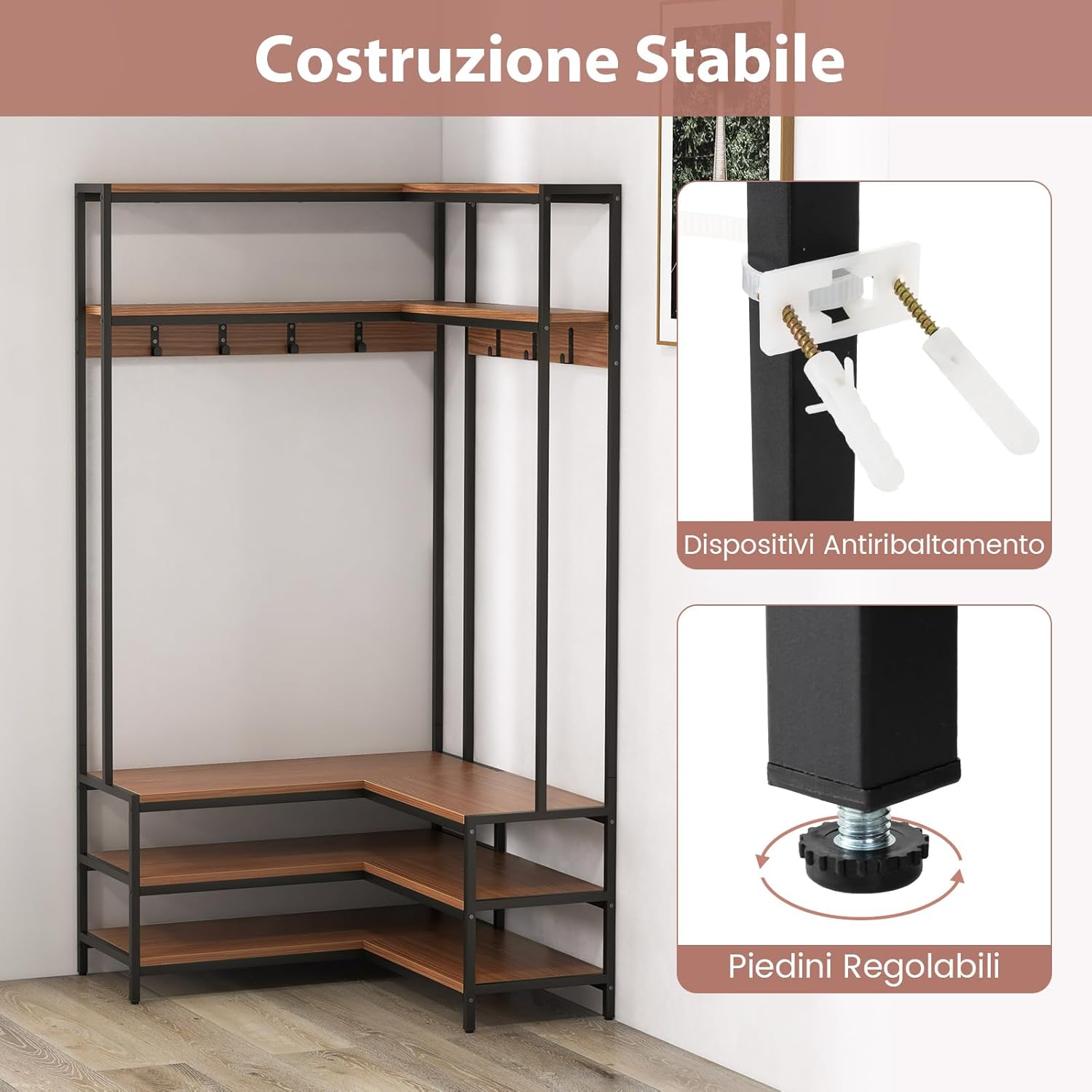Stand Appendiabiti Angolare, Appendiabiti a Forma L con Ripiani Aperti 7 Ganci e Panca per Scarpe, Struttura in Metallo e Piedini Regolabili, 90x90x178 cm (Marrone)