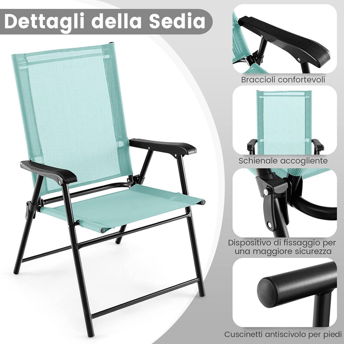 Set di 2 Sedie Pieghevoli da Giardino, Sedie Portatili con Braccioli e Struttura in Metallo, Sedie da Esterno Giardino Campeggio Terrazza Balcone Piscina, 65x60x93cm (Verde menta)