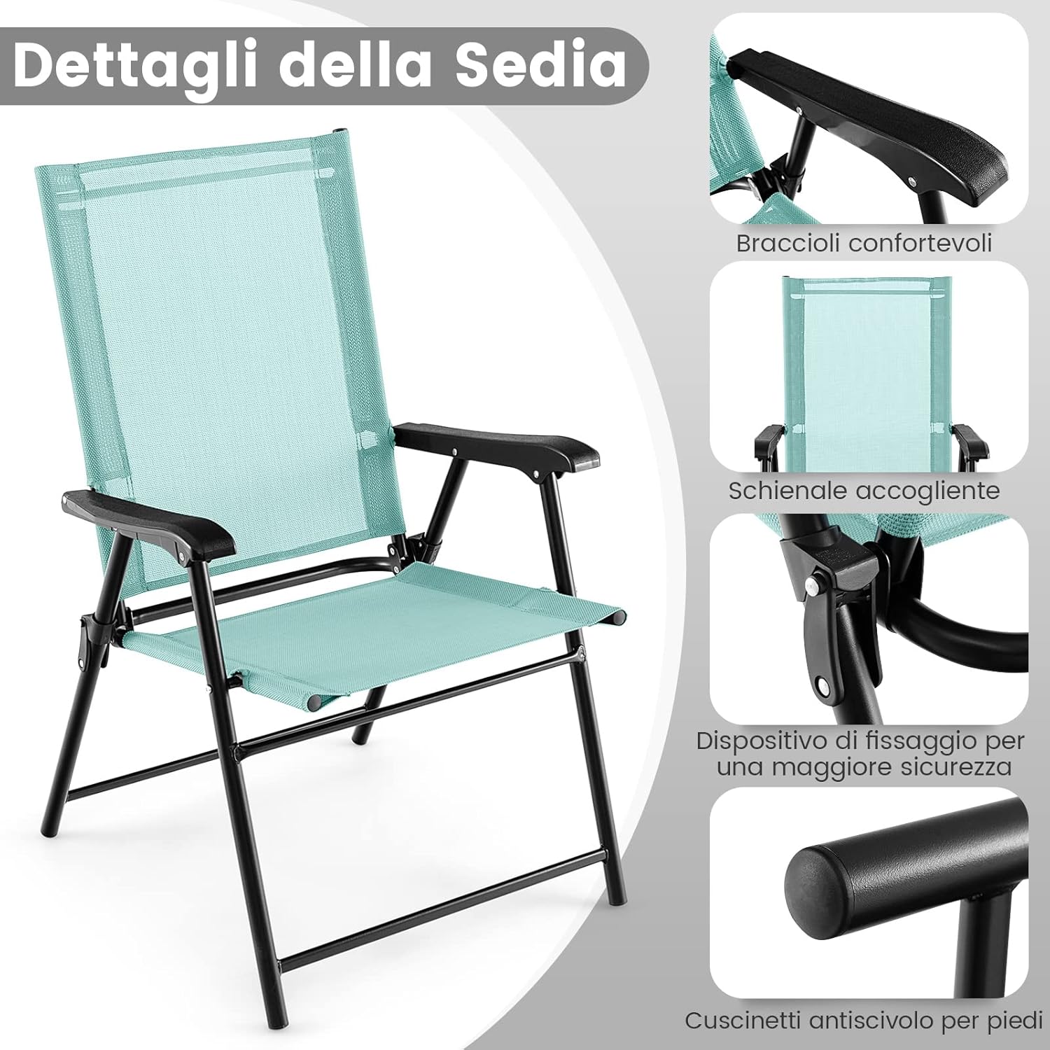 Set di 2/4 Sedie Pieghevoli da Giardino, Sedie Portatili con Braccioli e Struttura in Metallo, Sedie da Esterno Giardino Campeggio,Portata 150 kg (4, Verde Menta, 65 x 60 x 93 cm)