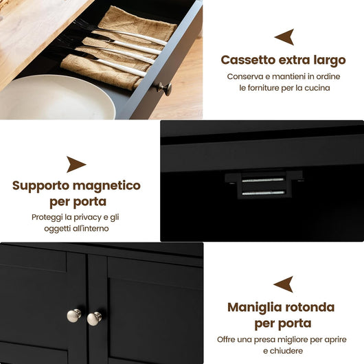 Carrello da Cucina, con Portabottiglie Tre Ante e Ruote, Credenza Cucina in Legno di Pino e MDF, Ideale per Soggiorno e Cucina, 67 x 37 x 86 cm, Nero