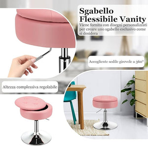 Sgabello Girevole Altezza Regolabile con Portaoggetti, Poggiapiedi Sgabelli da Trucco, Tavolino da Caffè, Sgabello da Lavoro Rotondo in Finta Pelle per Bar, Ufficio, Soggiorno, Camera (Rosa)