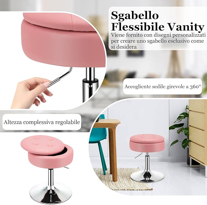 Sgabello Girevole Altezza Regolabile con Portaoggetti, Poggiapiedi Sgabelli da Trucco, Tavolino da Caffè, Sgabello da Lavoro Rotondo in Finta Pelle per Bar, Ufficio, Soggiorno, Camera (Rosa)