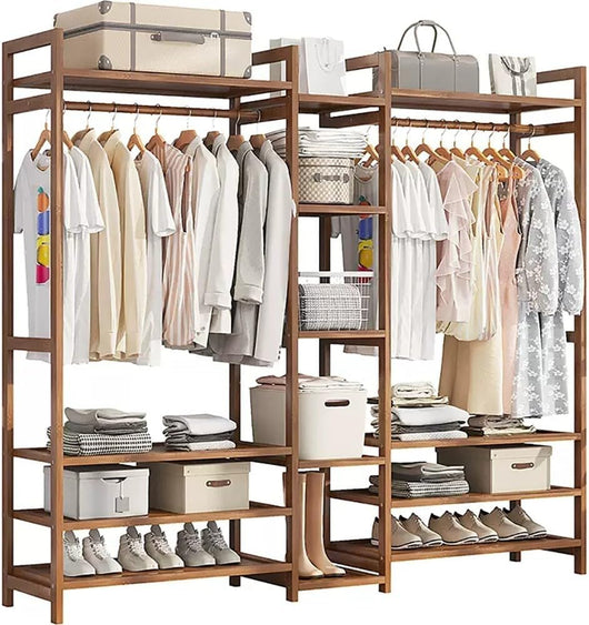 Appendiabiti in bambù, Appendiabiti Indipendente con Asta Appendiabiti, 2 Ripiani e Ganci, Appendiabiti Aperto per Guardaroba, Organizer per Camera da Letto, corridoio, Legno Naturale