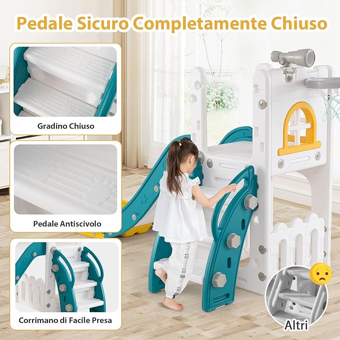 6 in 1 Scivolo per Bambini, Set da Gioco a Forma di L con Canestro da Basket e Telescopio, Spazio di Archiviazione, Scivolo da Interno ed Esterno per 1-3 Anni (Giallo)
