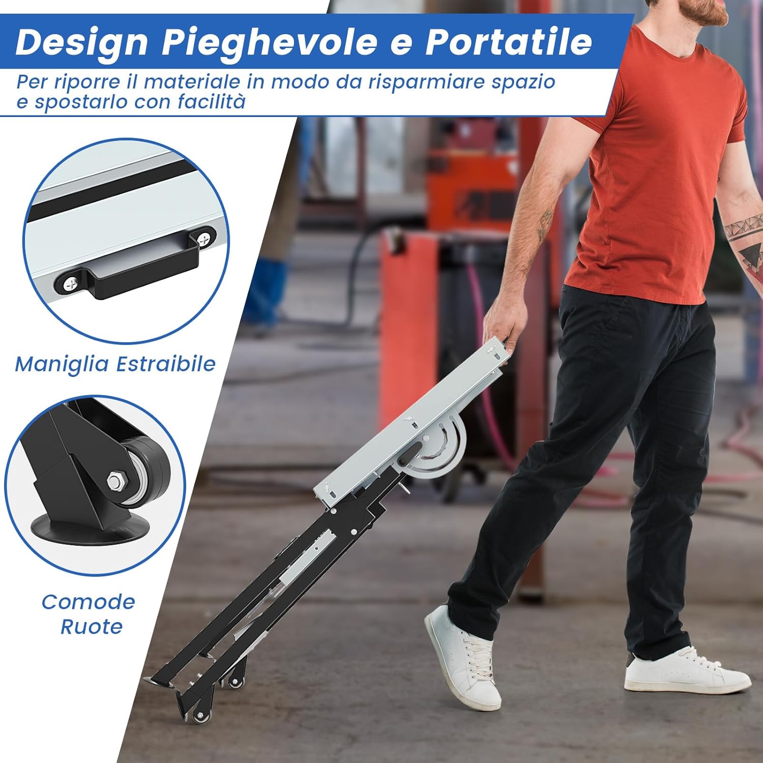 Banco da Lavoro Pieghevole, Tavolo da Lavoro Portatile con Piattaforma Inclinabile e Altezza Regolabile, 2 Ruote, con 3 Slot e 2 Portautensili, Capacità di Carico 180 KG (Modello 1)